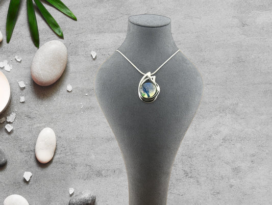 Dichroic Fused Glass Green Blue Clear Teardrop Pendant in an Exquisite Silver Setting