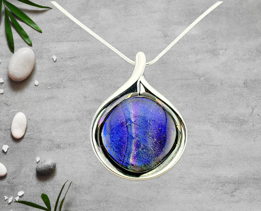 Dichroic Blue Fused Glass Round Pendant set in a Stunning Silver Setting