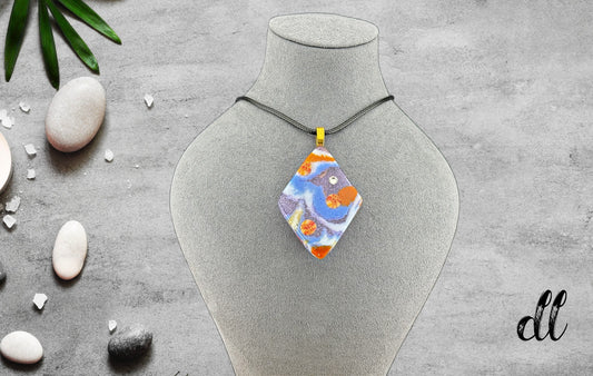 Fused Glass Orange Blue White Clear Diamond Shaped Pendant with Crystal