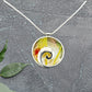 Dichroic Fused Glass Yellow Red Clear Wispy Round Pendant in a Beautiful Silver Setting