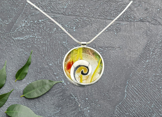 Dichroic Fused Glass Yellow Red Clear Wispy Round Pendant in a Beautiful Silver Setting