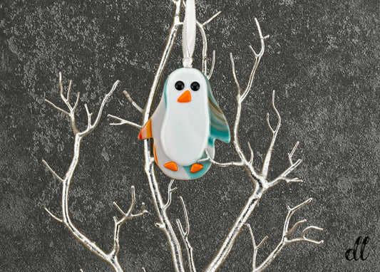 Fused Glass Penguin in Colorful Southwest Style in Turquoise White Orange