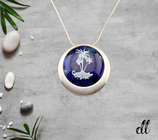 Fused Glass Deep Purple Tropical Tree Round Pendant in an Stunning Silver Setting