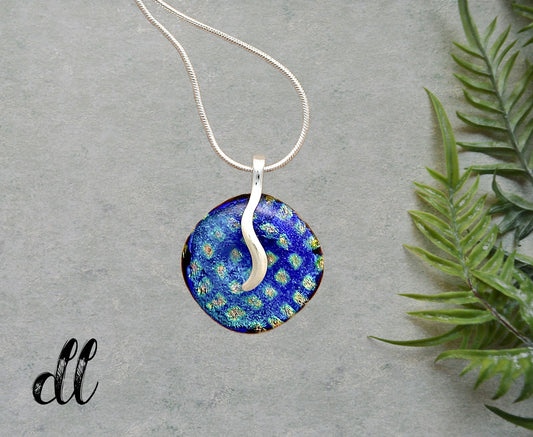 Dichroic Fused Glass Blue Patterned Dichroic Round Pendant in an Attractive Silver Setting