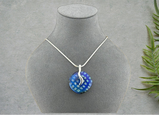 Dichroic Fused Glass Blue Patterned Dichroic Round Pendant in an Attractive Silver Setting