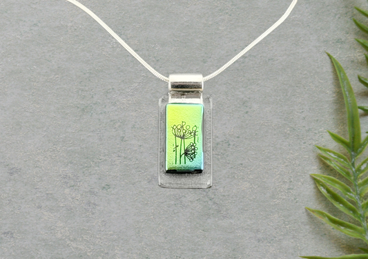 Dichroic Mandala Decal Pendant Blue Green on Clear Base