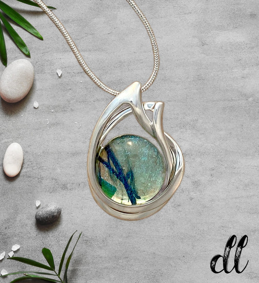 Dichroic Fused Glass Green Blue Clear Teardrop Pendant in an Exquisite Silver Setting