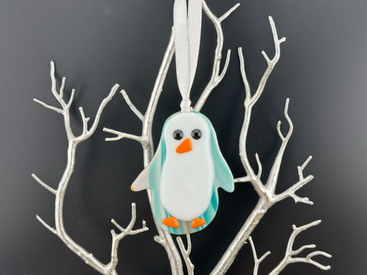 Fused Glass Penguin in Beautiful Southwest Style in Turquoise White Orange