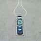 Fused Glass Blue and Green Dichroic Rectangular Pendant Etched with Mandala Designs on a Black/Clear base
