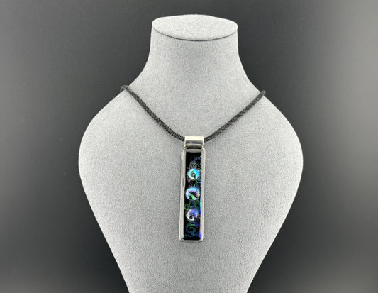 Fused Glass Pink Blue Purple Green Dichroic Long Rectangular Pendant Etched with Mandala Designs on a Black/Clear base