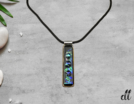 Fused Glass Pink Blue Purple Green Dichroic Long Rectangular Pendant Etched with Mandala Designs on a Black/Clear base