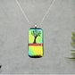 Dichroic Gold Green Blue Glass Rectangular Pendant with Hand Etched Tree of Life with a Swarovski Crystal Moon