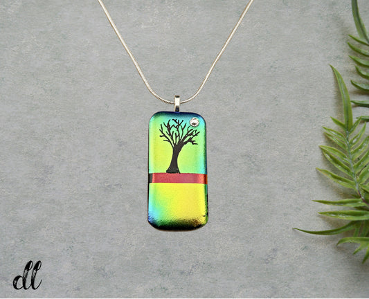 Dichroic Gold Green Blue Glass Rectangular Pendant with Hand Etched Tree of Life with a Swarovski Crystal Moon