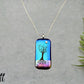 Dichroic Gold Pink Blue Glass Rectangular Pendant with Hand Etched Tree of Life with a Swarovski Crystal Moon