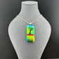 Dichroic Gold Green Blue Glass Rectangular Pendant with Hand Etched Tree of Life with a Swarovski Crystal Moon