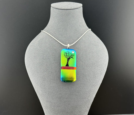 Dichroic Gold Green Blue Glass Rectangular Pendant with Hand Etched Tree of Life with a Swarovski Crystal Moon