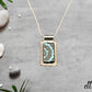 Fused Glass Blue Green Dichroic Rectangular Pendant Etched with Mandala Designs on a Black/Clear base