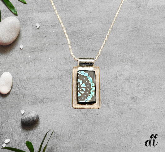 Fused Glass Blue Green Dichroic Rectangular Pendant Etched with Mandala Designs on a Black/Clear base