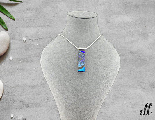 Fused Glass Blue Purple Dichroic Long Rectangular Pendant Etched with Mandala Designs on a Black base