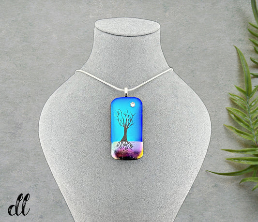 Dichroic Gold Pink Blue Glass Rectangular Pendant with Hand Etched Tree of Life with a Swarovski Crystal Moon