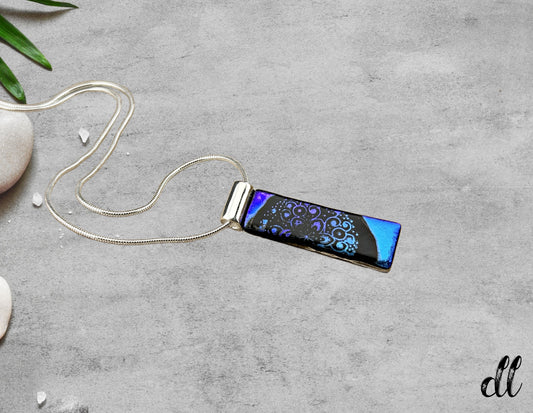 Fused Glass Blue Purple Dichroic Long Rectangular Pendant Etched with Mandala Designs on a Black base