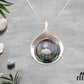 Dichroic Purple Green Glass Round Pendant with Tree of Life set in a Beautiful Teardrop Silver Setting