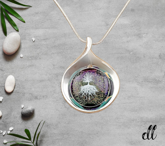 Dichroic Purple Green Glass Round Pendant with Tree of Life set in a Beautiful Teardrop Silver Setting