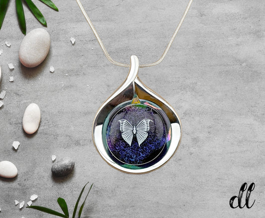 Dichroic Blue Purple Glass Round Pendant with White Butterfly set in a Beautiful Teardrop Silver Setting