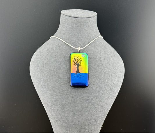 Dichroic Yellow Pink Blue Glass Rectangular Pendant with Hand Etched Tree of Life with a Swarovski Crystal Moon