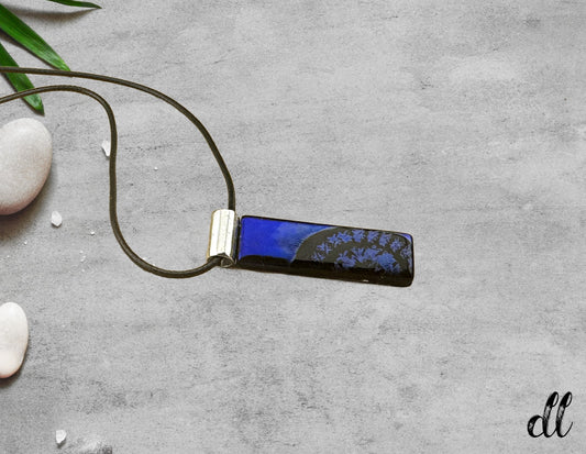 Fused Glass Blue Purple Dichroic Rectangular Pendant Etched with Mandala Designs on a Black base