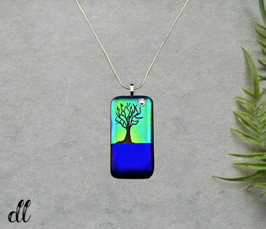 Dichroic Blue Green and Purple Glass Rectangular Pendant with Hand Etched Tree of Life with Swarovski Crystal Moon