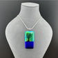 Dichroic Blue Green and Purple Glass Rectangular Pendant with Hand Etched Tree of Life with Swarovski Crystal Moon