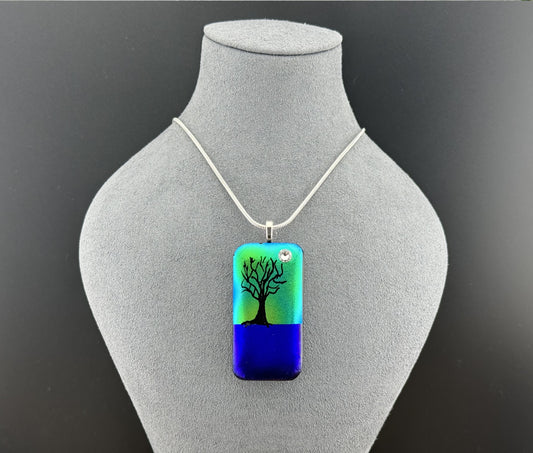 Dichroic Blue Green and Purple Glass Rectangular Pendant with Hand Etched Tree of Life with Swarovski Crystal Moon