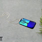 Dichroic Blue Green and Purple Glass Rectangular Pendant with Hand Etched Tree of Life with Swarovski Crystal Moon