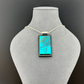 Dichroic Fused Glass Blue Green Mandala Rectangle Pendant with Etched Blue Design and Decal Flower