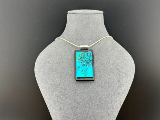 Dichroic Fused Glass Blue Green Mandala Rectangle Pendant with Etched Blue Design and Decal Flower