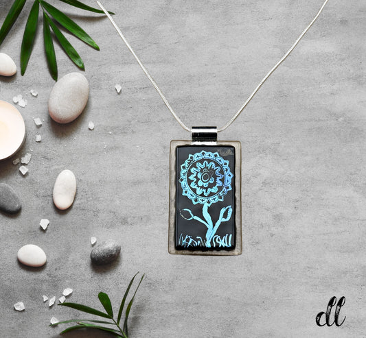 Dichroic Fused Glass Blue Mandala Rectangle Pendant with Flower Design