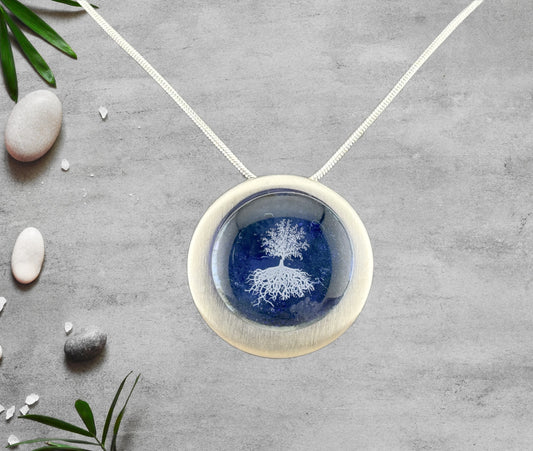 Fused Glass Blue Tree of Life Round Pendant in an Attractive Silver Setting