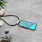 Fused Glass Blue Dichroic Rectangular Pendant Etched with Mandala Designs on a Black/Clear base