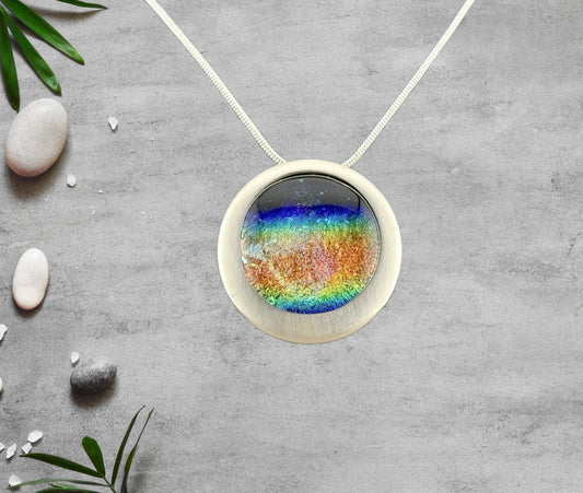 Dichroic Fused Glass Rainbow Multi-Colored Round Pendant in a Stunning Silver Setting