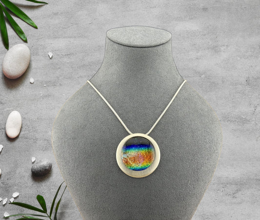 Dichroic Fused Glass Rainbow Multi-Colored Round Pendant in a Stunning Silver Setting