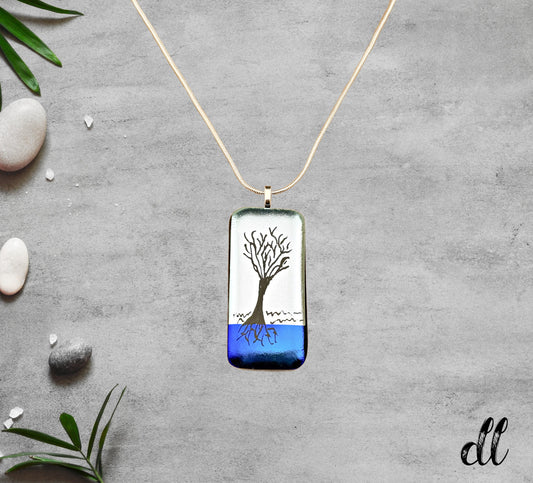 Dichroic Blue and Silver Glass Rectangular Pendant with Hand Etched Tree of Life