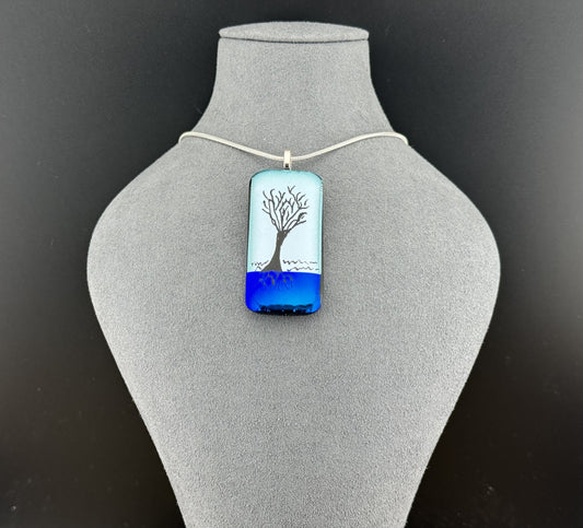 Dichroic Blue and Silver Glass Rectangular Pendant with Hand Etched Tree of Life