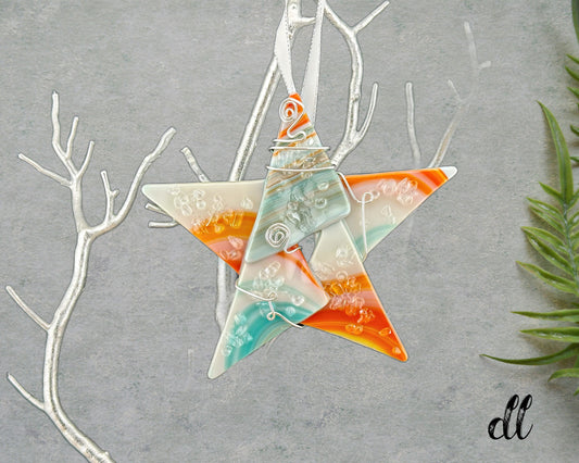 Fused Glass Cream Orange Turquoise Silver Wire Wrapped Star