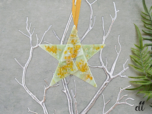 Fused Glass Soft Green Amber Gold Wire Wrapped Star with Amber Ascents