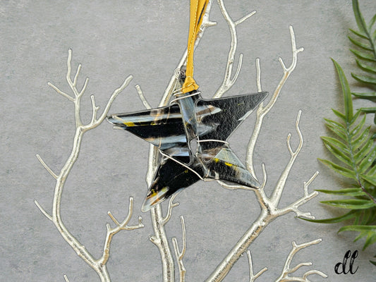 Fused Glass Wispy Black White Wire Wrapped Star with Yellow Ascents