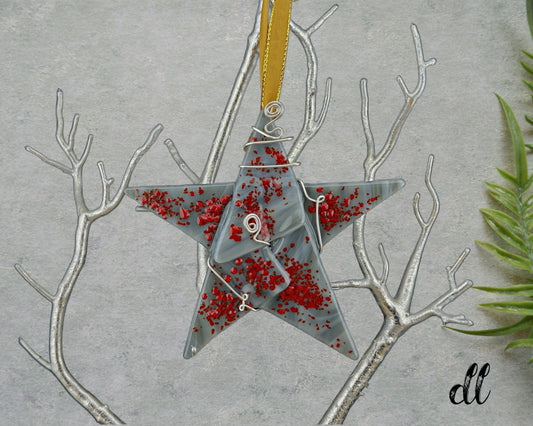 Fused Glass Gray Red Silver Wire Wrapped Star