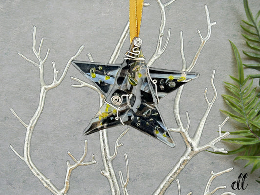 Fused Glass Wispy Black White Wire Wrapped Star with Yellow Ascents