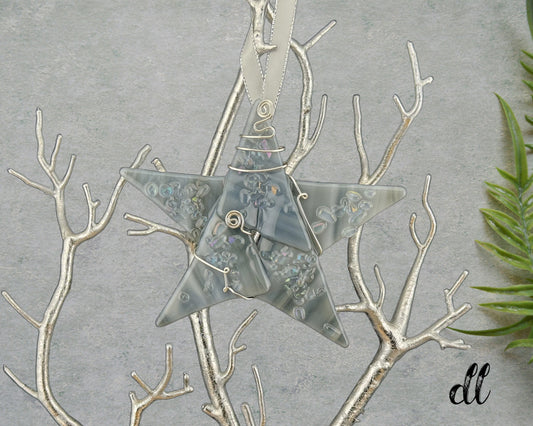 Fused Glass Gray Clear Iridescent Silver Wire Wrapped Star