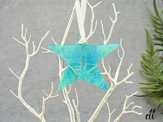 Fused Glass Soft Blue with Green Iridescent Accents Silver Wire Wrapped Star